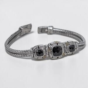 Vintage Two Tone Silver Gold Black Cabochon Double Strand Bracelet 7.5 Inch